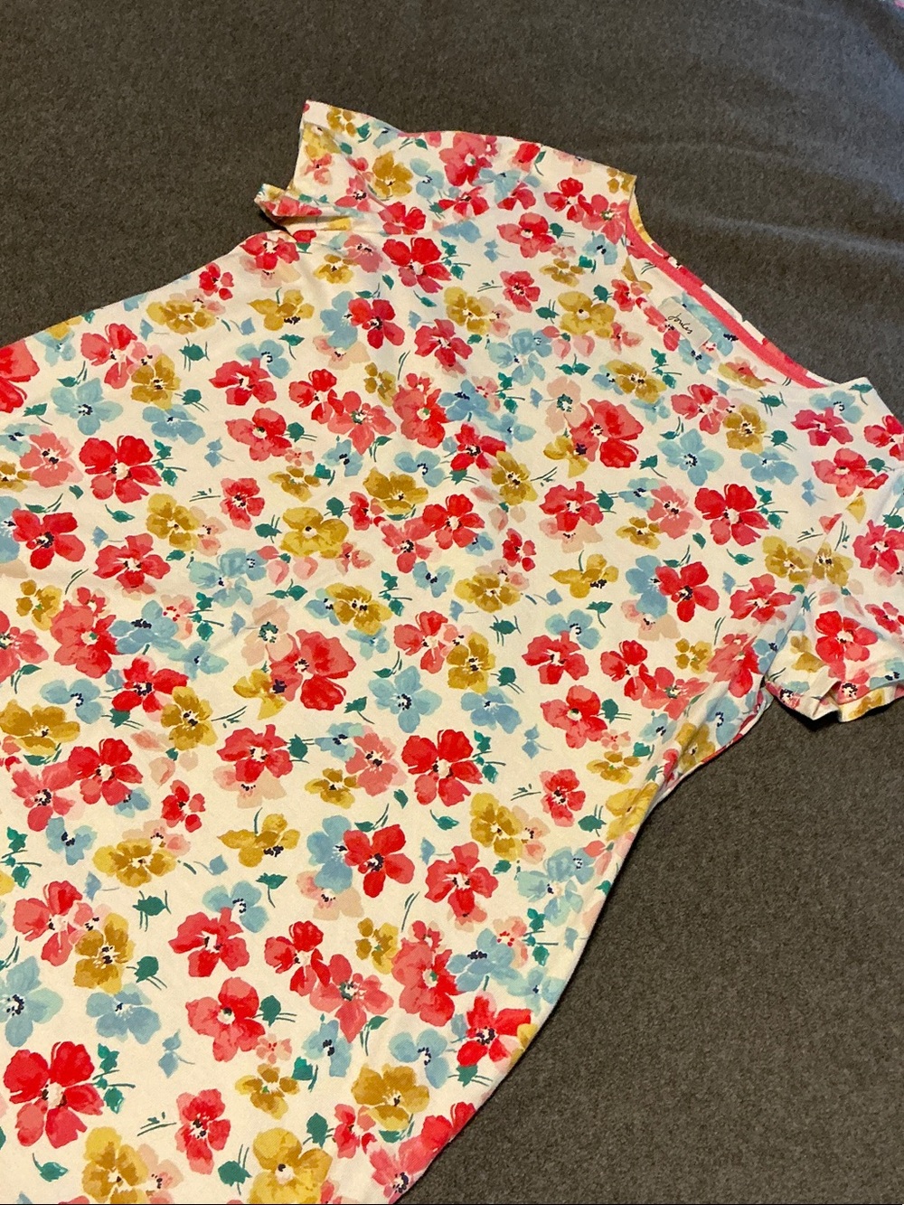 Joules White Short Sleeve Floral Dress with Red, Blue & Yellow Flowers
